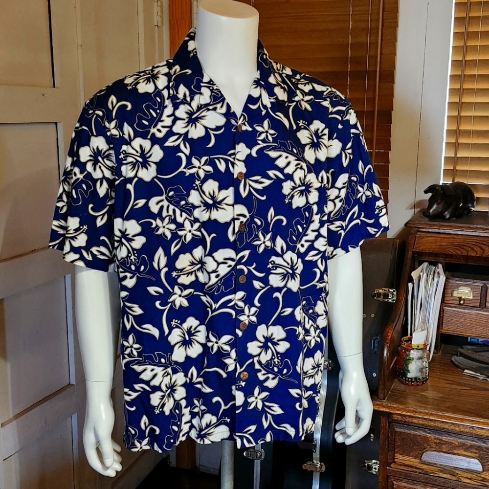 Hawaiian Original Hilo Hatties Short Sleeve Navy Blue Hibiscus Print Mens XL